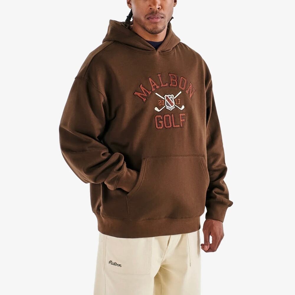 Malbon Fesque Crest Brown Hoodie Medium NEW Embroidered Golf Logo Sweatshirt